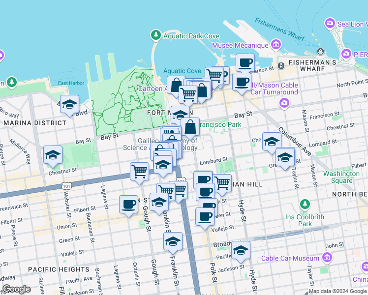 map of restaurants, bars, coffee shops, grocery stores, and more near 1135 Francisco Street in San Francisco