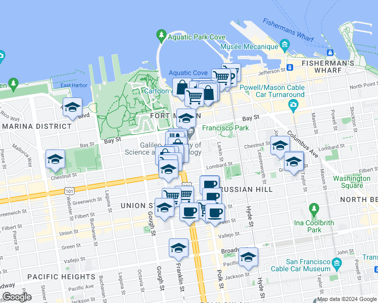 map of restaurants, bars, coffee shops, grocery stores, and more near 1135 Francisco Street in San Francisco