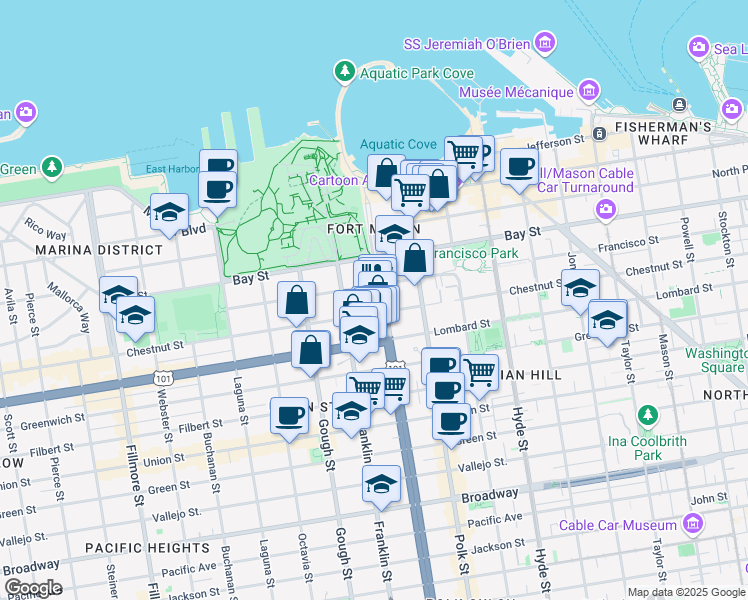 map of restaurants, bars, coffee shops, grocery stores, and more near 13 Francisco Street in San Francisco