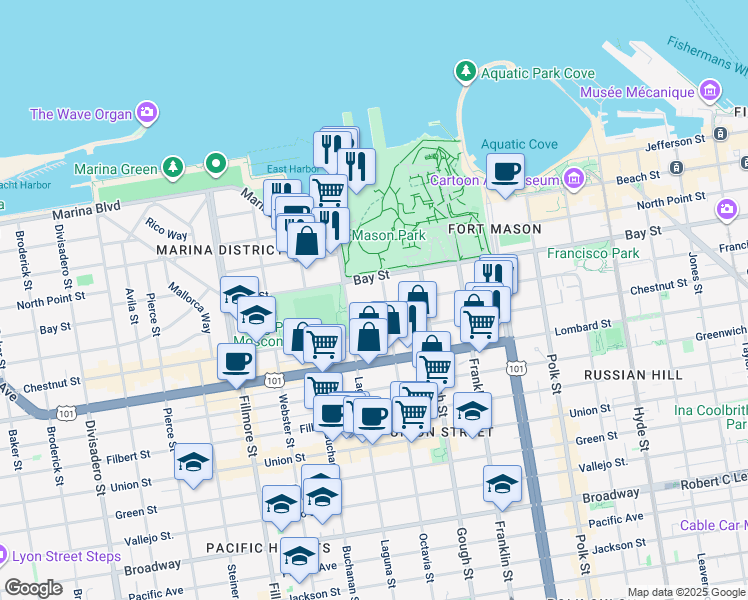 map of restaurants, bars, coffee shops, grocery stores, and more near 3321 Octavia Street in San Francisco