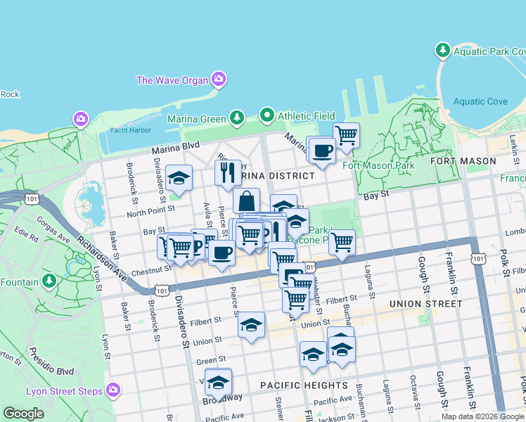 map of restaurants, bars, coffee shops, grocery stores, and more near 25 Cervantes Boulevard in San Francisco