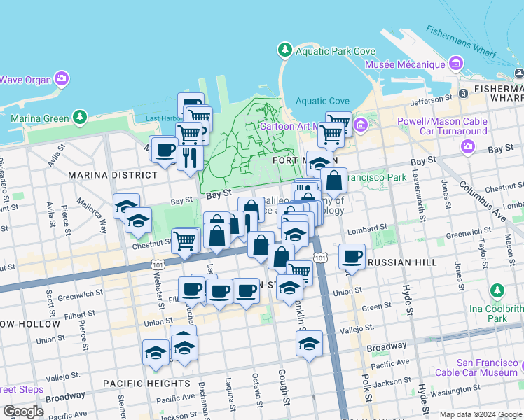 map of restaurants, bars, coffee shops, grocery stores, and more near 1389 Francisco Street in San Francisco