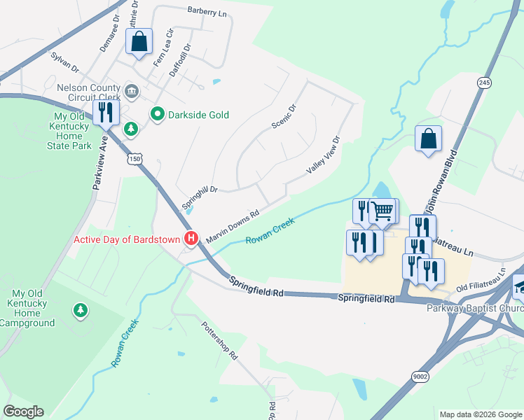 map of restaurants, bars, coffee shops, grocery stores, and more near 232 Marvin Downs Road in Bardstown