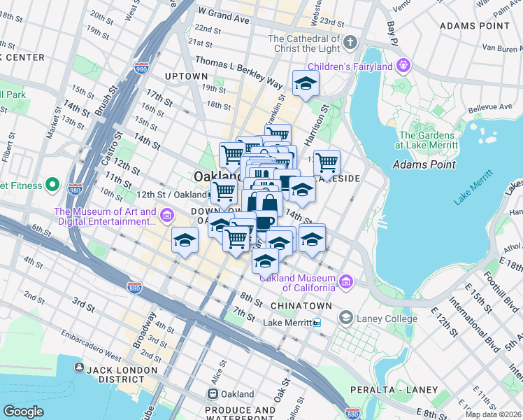 map of restaurants, bars, coffee shops, grocery stores, and more near 330 13th Street in Oakland