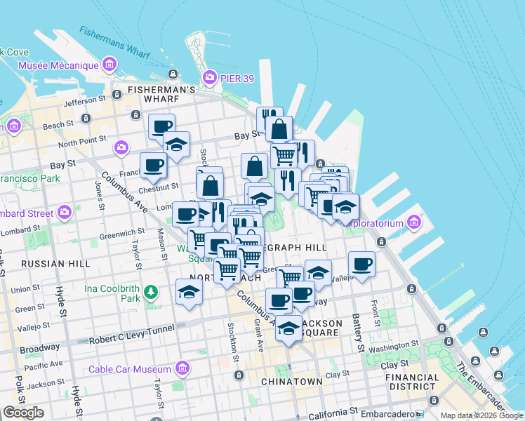 map of restaurants, bars, coffee shops, grocery stores, and more near 1548 Kearny Street in San Francisco