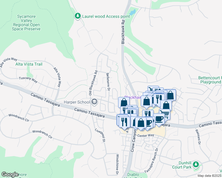 map of restaurants, bars, coffee shops, grocery stores, and more near 210 Promenade Lane in Danville