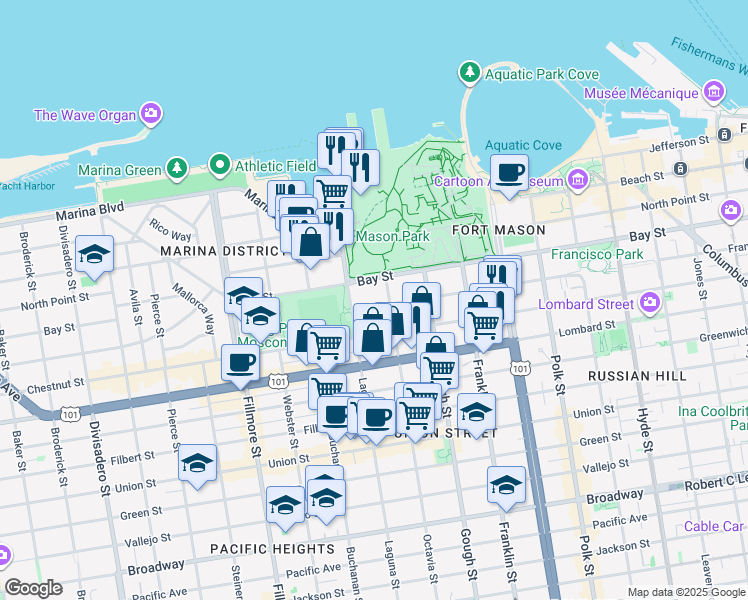 map of restaurants, bars, coffee shops, grocery stores, and more near 1536 Francisco Street in San Francisco