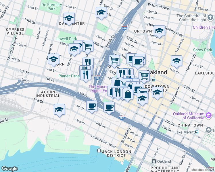map of restaurants, bars, coffee shops, grocery stores, and more near in Oakland