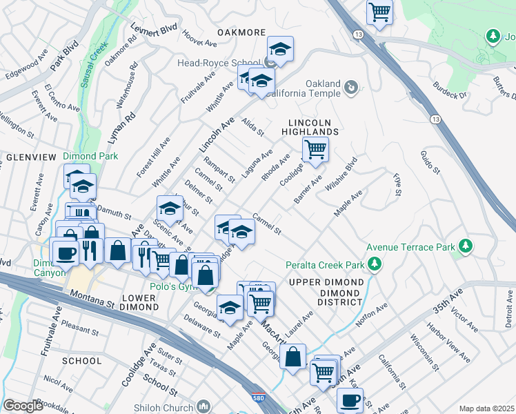 map of restaurants, bars, coffee shops, grocery stores, and more near 3928 Rhoda Avenue in Oakland