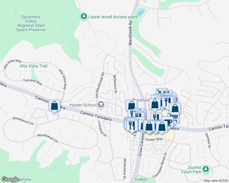 map of restaurants, bars, coffee shops, grocery stores, and more near 168 Tivoli Lane in Danville