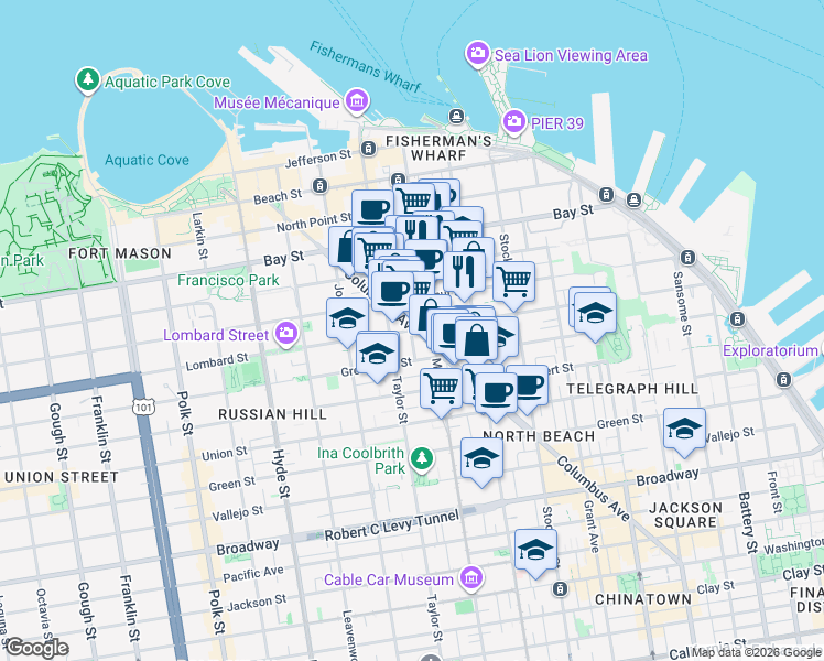 map of restaurants, bars, coffee shops, grocery stores, and more near Lombard Street in San Francisco