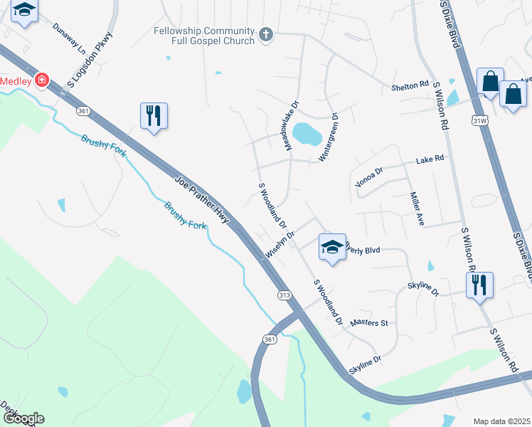 map of restaurants, bars, coffee shops, grocery stores, and more near 4301 South Woodland Drive in Radcliff