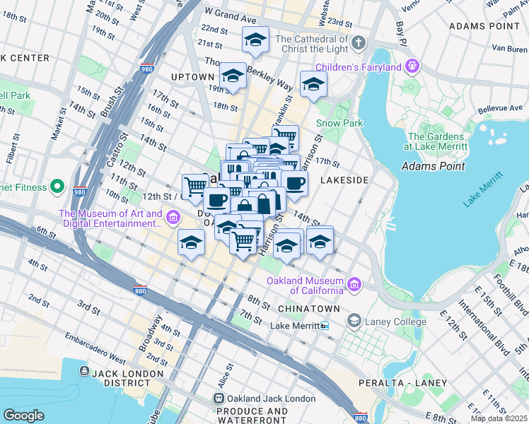 map of restaurants, bars, coffee shops, grocery stores, and more near in Oakland