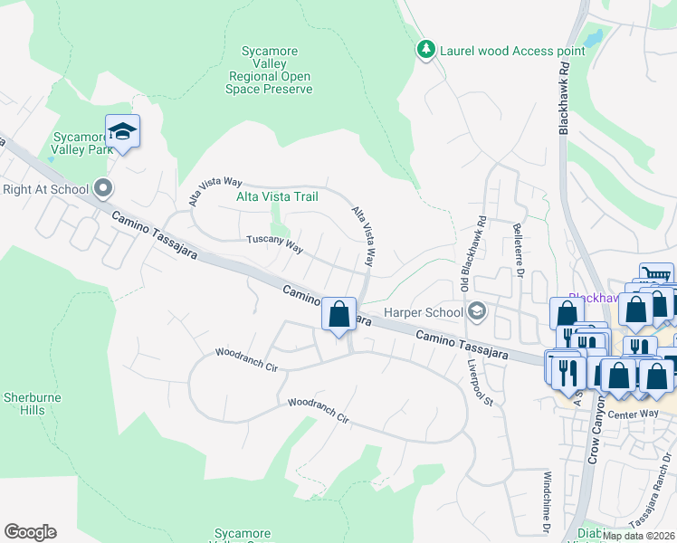 map of restaurants, bars, coffee shops, grocery stores, and more near 15 Chardonnay Court in Danville