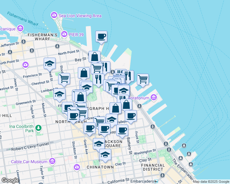 map of restaurants, bars, coffee shops, grocery stores, and more near 1255 Battery Street in San Francisco