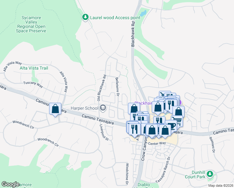 map of restaurants, bars, coffee shops, grocery stores, and more near 168 Tivoli Lane in Danville