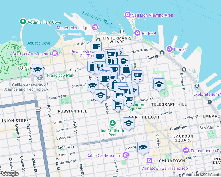 map of restaurants, bars, coffee shops, grocery stores, and more near Columbus Ave & Lombard St in San Francisco