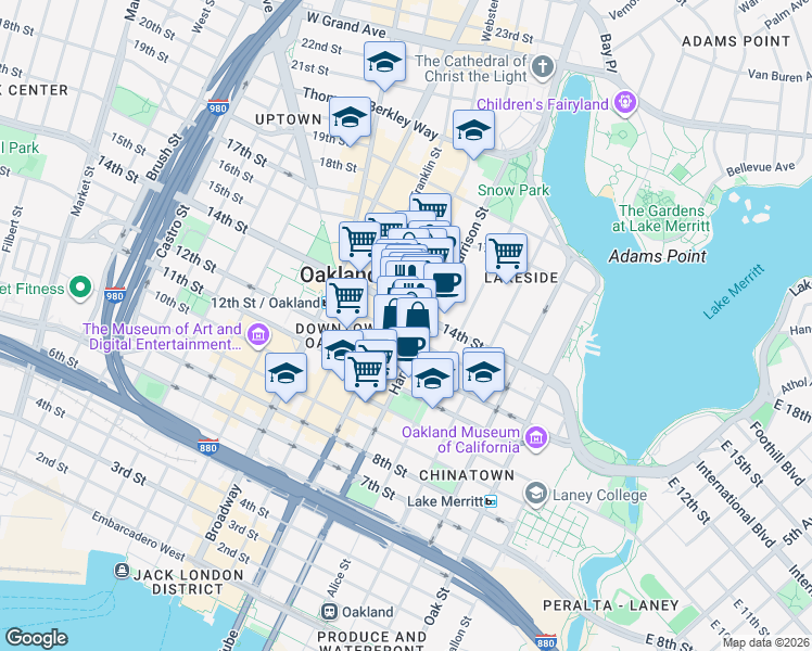 map of restaurants, bars, coffee shops, grocery stores, and more near 330 13th Street in Oakland