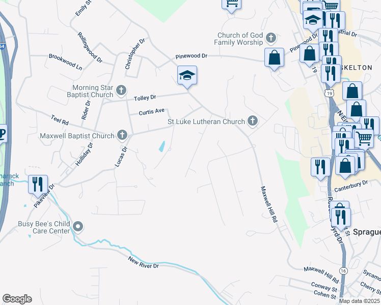 map of restaurants, bars, coffee shops, grocery stores, and more near 122 N Forrest Rd in Beckley