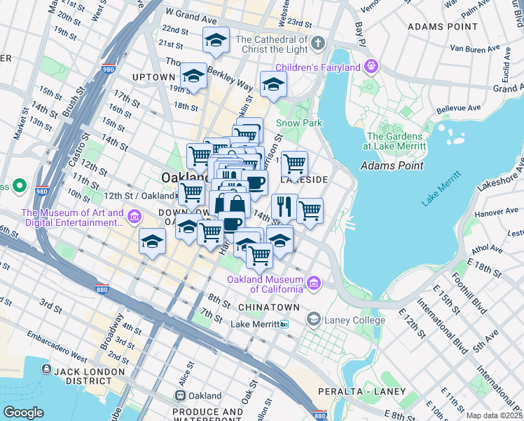 map of restaurants, bars, coffee shops, grocery stores, and more near 1411 Alice Street in Oakland