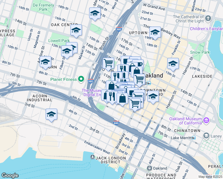 map of restaurants, bars, coffee shops, grocery stores, and more near 901 Jefferson Street in Oakland