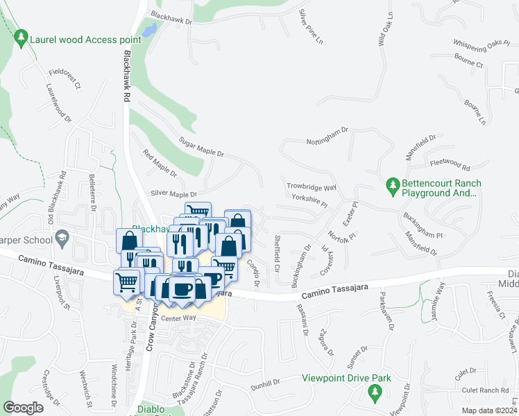 map of restaurants, bars, coffee shops, grocery stores, and more near 603 Joya Court in Danville