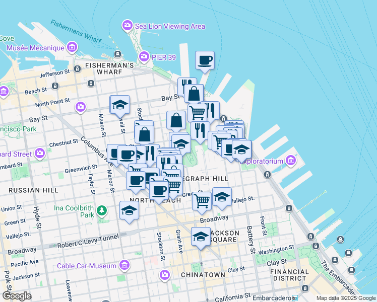 map of restaurants, bars, coffee shops, grocery stores, and more near Telegraph Hill Boulevard in San Francisco