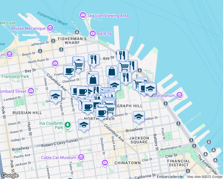 map of restaurants, bars, coffee shops, grocery stores, and more near 40 Telegraph Place in San Francisco