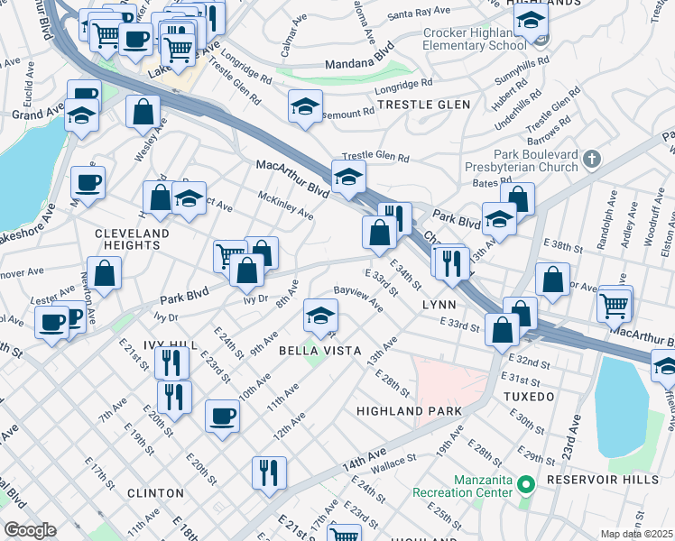 map of restaurants, bars, coffee shops, grocery stores, and more near 3110 Park Boulevard in Oakland