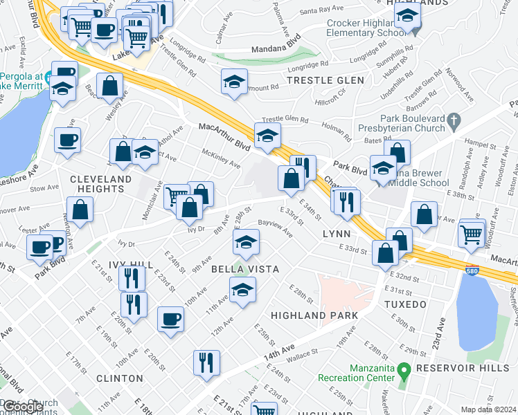 map of restaurants, bars, coffee shops, grocery stores, and more near 3110 Park Boulevard in Oakland