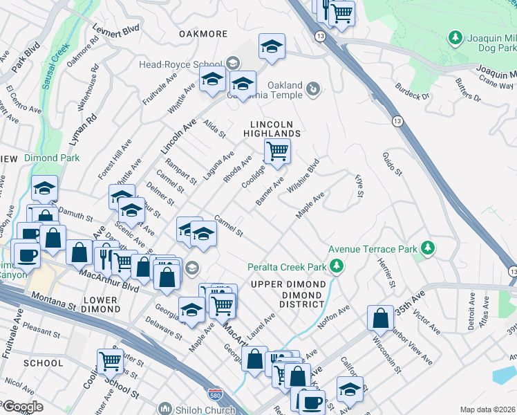 map of restaurants, bars, coffee shops, grocery stores, and more near 4028 Barner Avenue in Oakland
