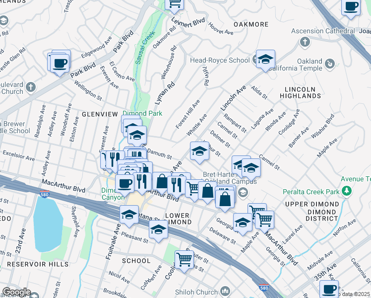 map of restaurants, bars, coffee shops, grocery stores, and more near in Oakland