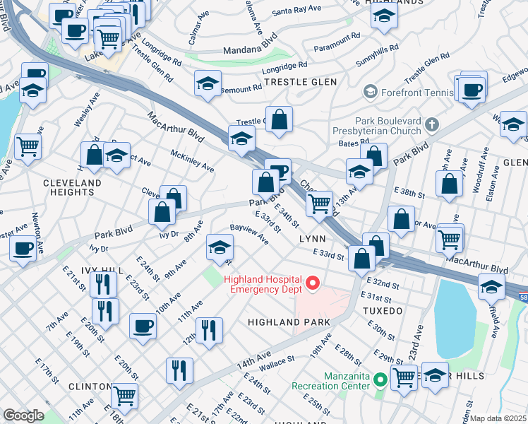 map of restaurants, bars, coffee shops, grocery stores, and more near 1008 East 33rd Street in Oakland