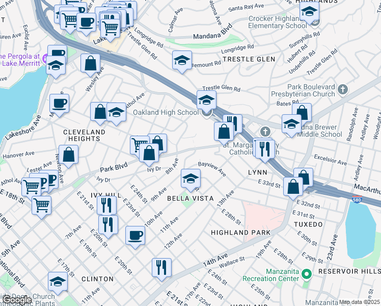 map of restaurants, bars, coffee shops, grocery stores, and more near 2982 Park Boulevard in Oakland