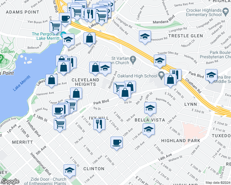 map of restaurants, bars, coffee shops, grocery stores, and more near 516 Zorah Street in Oakland