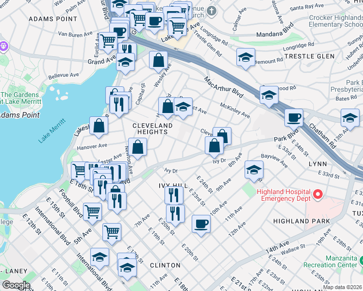 map of restaurants, bars, coffee shops, grocery stores, and more near 776 Brooklyn Avenue in Oakland