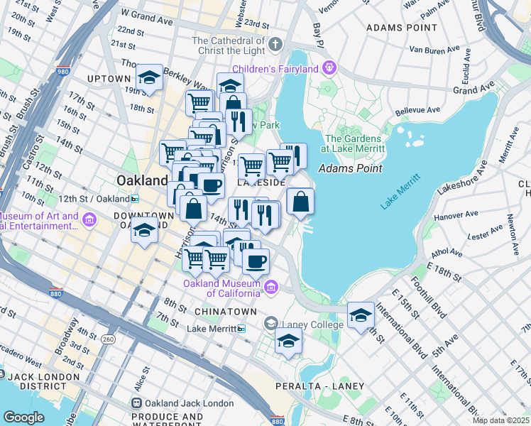 map of restaurants, bars, coffee shops, grocery stores, and more near 1551 Madison Street in Oakland