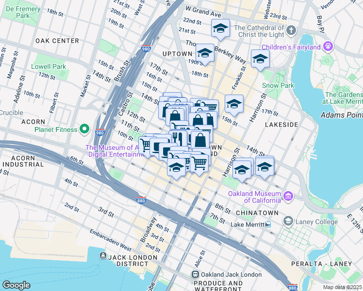 map of restaurants, bars, coffee shops, grocery stores, and more near in Oakland