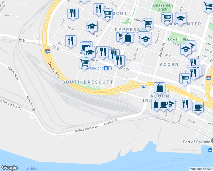 map of restaurants, bars, coffee shops, grocery stores, and more near 326 Center Street in Oakland