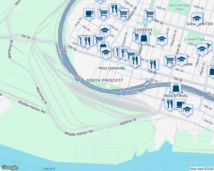 map of restaurants, bars, coffee shops, grocery stores, and more near 1551 3rd Street in Oakland
