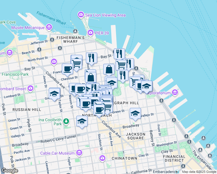 map of restaurants, bars, coffee shops, grocery stores, and more near 425 Greenwich Street in San Francisco