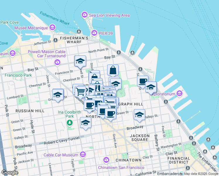 map of restaurants, bars, coffee shops, grocery stores, and more near 425 Greenwich Street in San Francisco