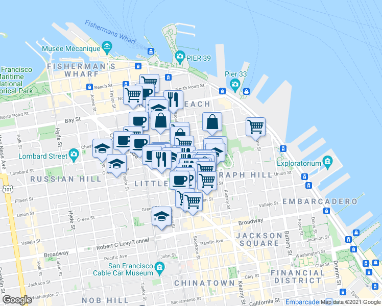 map of restaurants, bars, coffee shops, grocery stores, and more near 463 Lombard Street in San Francisco
