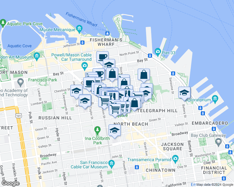 map of restaurants, bars, coffee shops, grocery stores, and more near 636 Greenwich Street in San Francisco