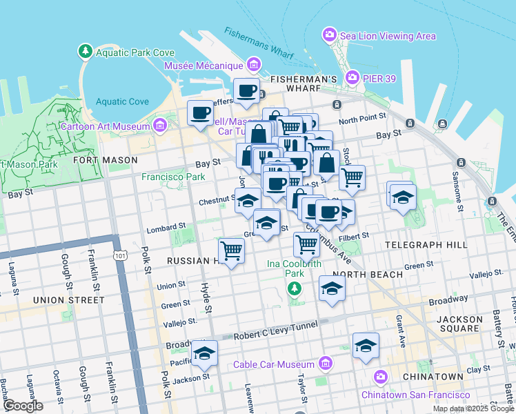 map of restaurants, bars, coffee shops, grocery stores, and more near in San Francisco