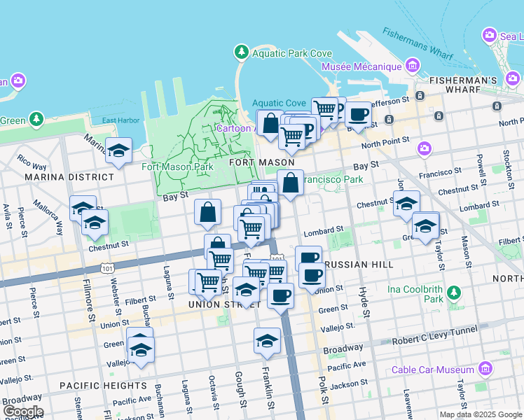 map of restaurants, bars, coffee shops, grocery stores, and more near 13 Francisco Street in San Francisco