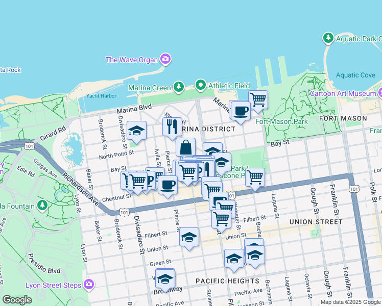 map of restaurants, bars, coffee shops, grocery stores, and more near 25 Cervantes Boulevard in San Francisco