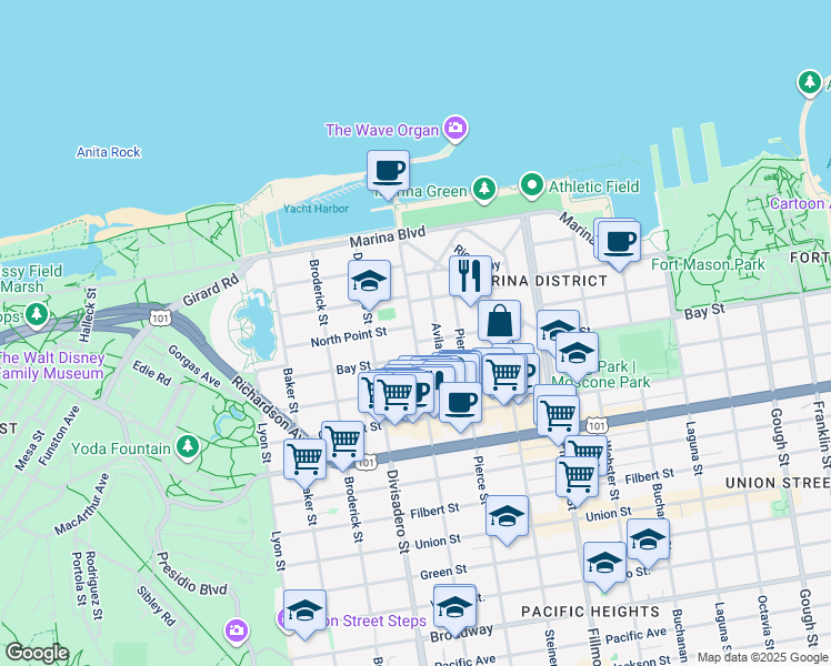 map of restaurants, bars, coffee shops, grocery stores, and more near 2100 North Point Street in San Francisco