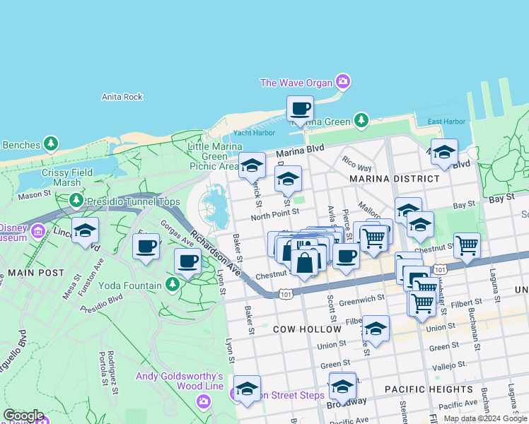 map of restaurants, bars, coffee shops, grocery stores, and more near 3524 Broderick Street in San Francisco