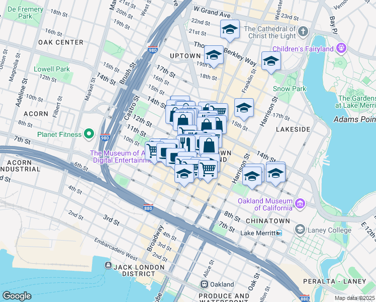 map of restaurants, bars, coffee shops, grocery stores, and more near 1111 Broadway in Oakland